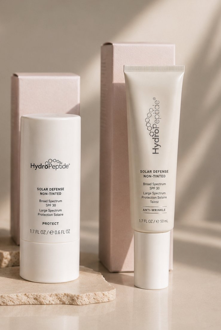 Two HydroPeptide Solar Defense Non-Tinted Broad Spectrum SPF 30 sunscreens — a stick and a tube — arranged with their boxes in warm daylight.