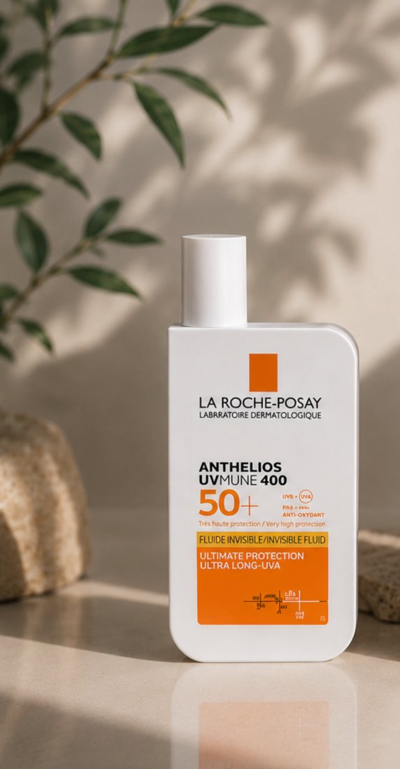 A slim white bottle of La Roche-Posay Anthelios UVMune 400 SPF 50+ invisible fluid sunscreen beside a sprig of green leaves in soft daylight.